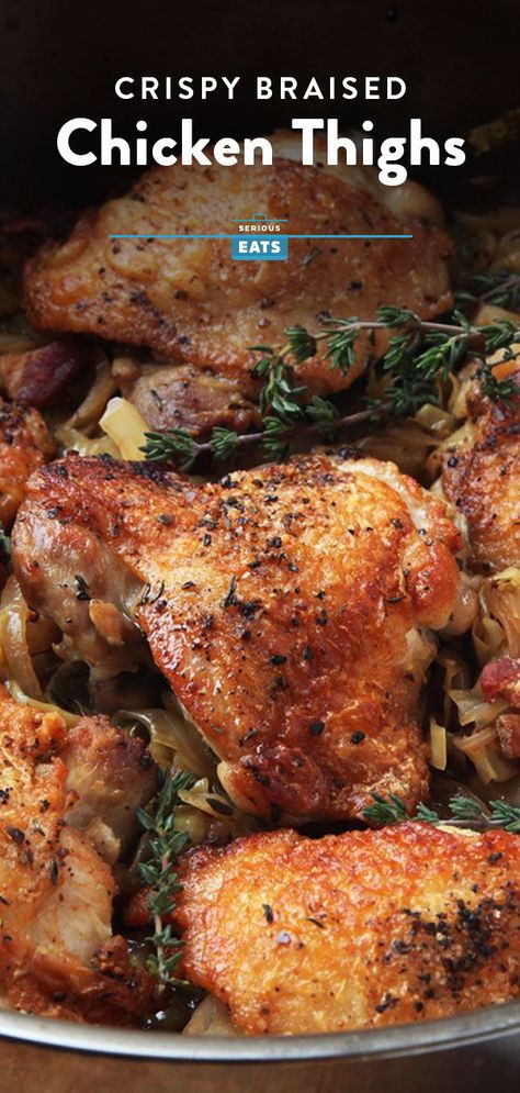 Crispy Braised Chicken Thighs With Cabbage and Bacon | Braising chicken with crispy skin is one of those riff-able techniques you return to time and time again for weeknight inspiration. This time, we pair it with cabbage and bacon for a hearty meal. #chickenrecipes #chicken #seriouseats #recipes Braising Recipes, Braised Chicken Thighs, Thighs Chicken, Chicken Drumstick Recipes, Cabbage And Bacon, Chicken Thigh Recipes Oven, Hearty Meal, Boneless Chicken Thigh Recipes, Chicken Thigh Recipes Crockpot