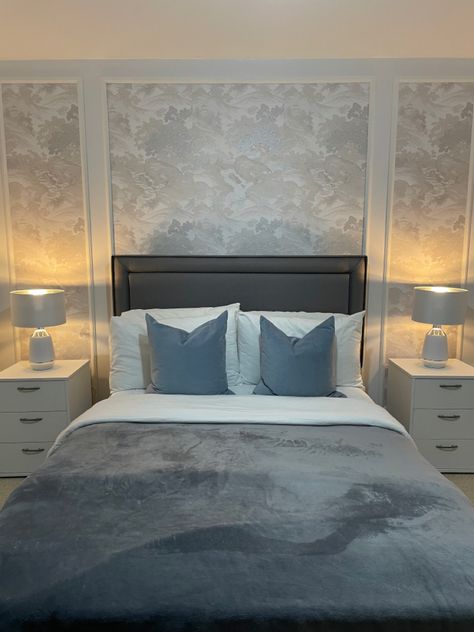 guestbedroom Bedroom Wallpaper Panels, Bedroom Wallpaper Panelling, Wallpaper For Guest Bedroom, Framed Wallpaper Behind Bed, Bedroom Wall Panelling With Wallpaper, Accent Wall Behind Bed Wallpaper, Panelling With Wallpaper Inside, Wall Panel Behind Bed, Wall Behind Bed Decor Ideas Master Bedrooms