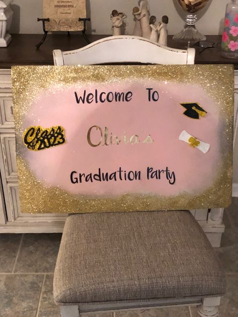 Made from a poster board, spray painted the middle pink, added glitter around edges Glitter Poster Board Ideas, Congrats Grad Poster Board Ideas, Graduation Glitter Picture, Congrats Grad Poster Diy, Pink Sparkly Graduation Cap, Pink Graduation Announcements, Senior Posters, Graduation Poster, Poster Board