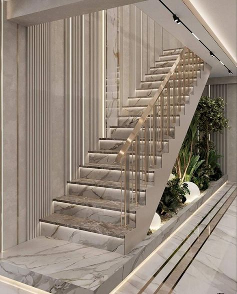 Marble Stairs Design Modern, Double Height Staircase Wall Design, Steps Design Interior Stairs, Modern Luxury Staircase, Stair Wall Design, Staircase Wall Design, درابزين السلم, Luxury Stairs, Modern Staircases