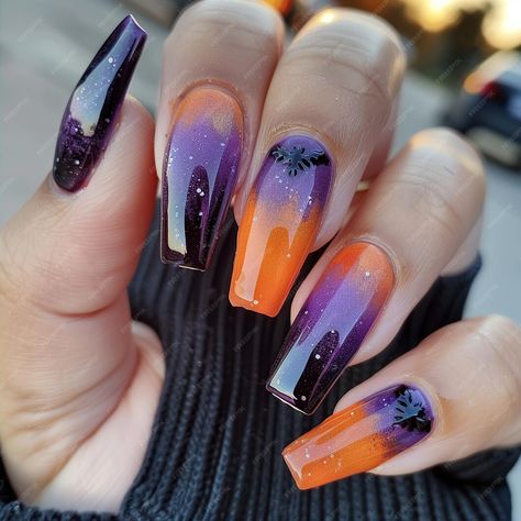 A woman with purple nails that has a black star on it | Premium AI-generated image Purple Orange Nails Halloween, Black Orange And Purple Nails, Black Purple And Orange Nails, Halloween Nails Purple And Orange, Orange And Purple Halloween Nails, Purple And Orange Nail Designs, Purple Nails Fall, Orange Purple Nails, Orange And Purple Nails