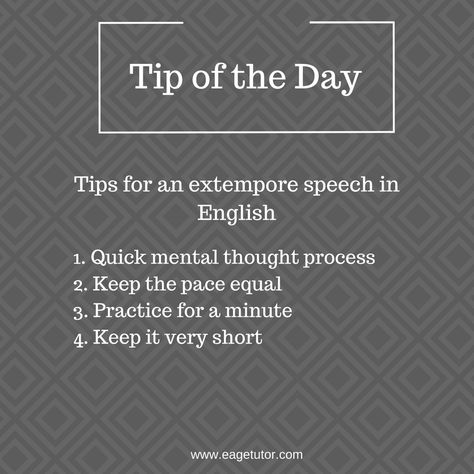 Here is a quick tip for extempore speech in English. Read here http://bit.ly/2sz7tNn #Englishtip #learningtip Extempore Speech Tips, Speech In English, Speech Tips, Speak English Fluently, English Speaking Skills, English Tips, Speaking Skills, Tip Of The Day, English Speaking