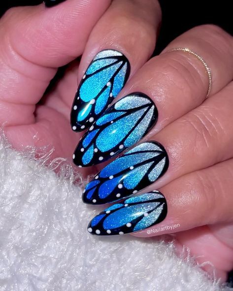 Fairy Wing Nails, Butterfly Nails Blue, Wings Nails, Butterfly Wing Nails, Blue Butterfly Nails, Butterfly Quince, Lightning Nails, White Nail Ideas, Nail Polish Art Designs