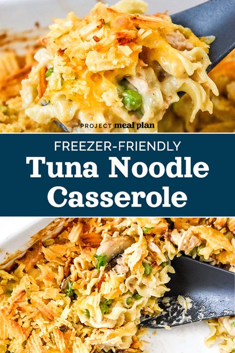 This Freezer-Friendly Tuna Noodle Casserole is a family friendly comfort food favorite from childhood! My version is made from scratch with mushrooms, egg noodles and potato chips on top. Freezing and make-ahead instructions included! ProjectMealPlan.com Freezable Casseroles, Freezer Dinners, Freezable Meals, Tuna Noodle, Tuna Noodle Casserole, Tuna Casserole, Seafood Recipes Healthy, Freezer Meal Prep, Cold Lunches