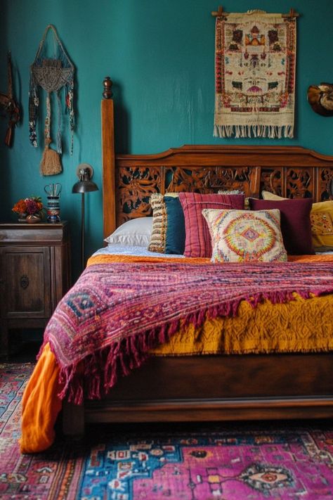 Turn your bedroom into a bohemian retreat with eclectic textiles, macramé wall hangings, and plenty of greenery. Layer rugs, use vibrant patterns, and combine vintage and modern furniture for that laid-back, free-spirited vibe. 🌿🛏️ #BohoBedroom #FreeSpiritStyle #CozySpaces Bedroom Design Bohemian, 70s Inspired Bedroom, Layer Rugs, Bohemian Bedroom Design, Bedroom Bohemian, Inspired Bedroom, Condo Ideas, Eclectic Bedroom, Vibrant Patterns