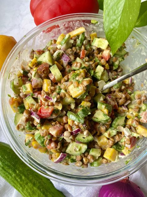 Lentil Salad with Oil Free Tahini Dressing Tahini Salad Dressing, Tahini Dressing Recipe, Lentil Salad Recipes, Vegan Dressing, Lentil Salad, Tahini Dressing, Lunch Salads, Vegan Salad, Chopped Salad