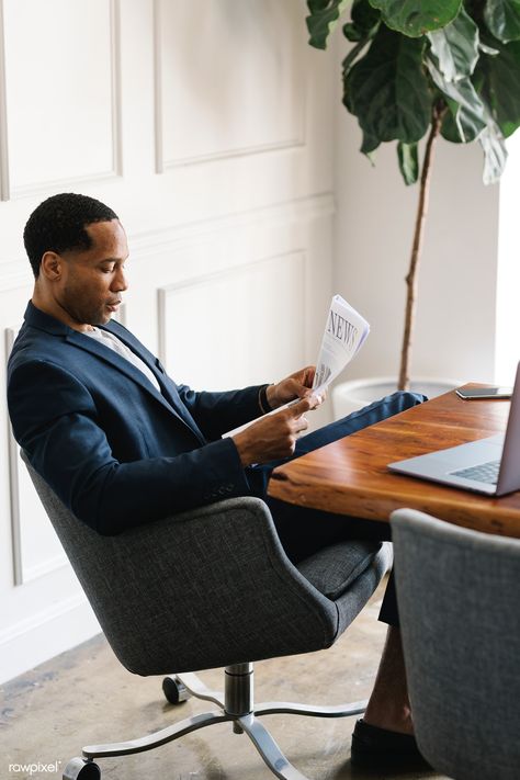 Black businessman reading a newspaper | premium image by rawpixel.com / Felix Black Business Man Office, Transition Glasses, Business Man Photography, Reading A Newspaper, Business Portrait Photography, Lifestyle Shoot, Office Men, Brand Photography Inspiration, Corporate Portrait