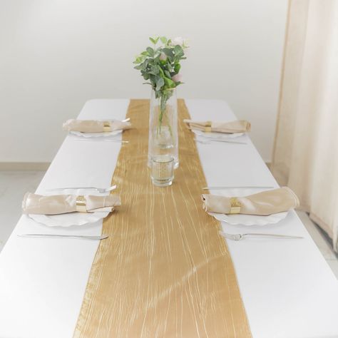 12inch x 108inch Accordion Crinkle Taffeta Table Runner - Gold Dinning Room Sets, Gold Runner, White Table Cover, Linen Runner, Gold Table Runners, Pc Design, Gold Dining, Restaurant Decoration, Table Overlays