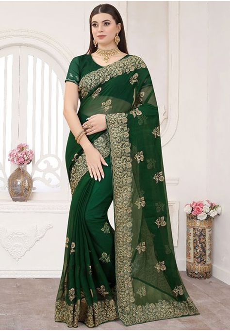 Forest Green Zari Embroidered Shimmer Silk Saree Shimmer Saree, Shimmer Blouse, Reception Saree, Latest Indian Saree, Indian Sarees Online, Green Saree, Trendy Sarees, Zari Work, Stunning Outfits