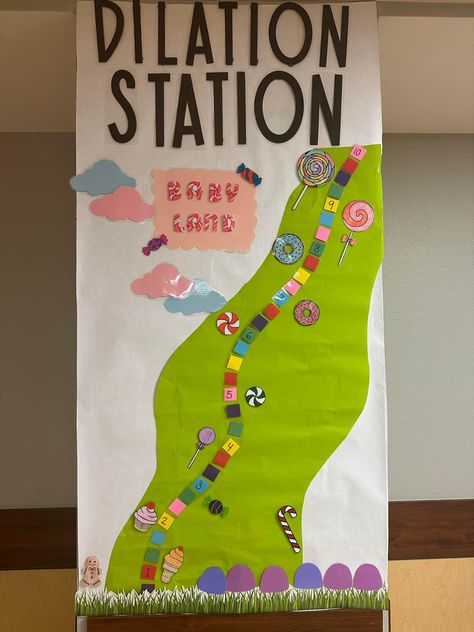 Labor And Delivery Unit Decor, Dilation Station Bulletin Board, Labor And Delivery Christmas Decorations, Hospital Bulletin Board Ideas, Dilation Station, Obgyn Office, Hallway Bulletin Boards, Diy Christmas Door Decorations, Work Bulletin Boards