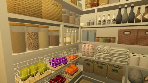 bloxburg pantry design idea, aesthetic design pantry Pantry Organization Ideas Bloxburg, Walk In Pantry Bloxburg Ideas, Roblox Bloxburg Pantry Room Ideas, Bloxburg Pink Kitchen Ideas, 3x3 Pantry Ideas Bloxburg, 2x2 Pantry Bloxburg, Bookshelf Bloxburg Ideas, Bb House Ideas, Bloxburg Custom Cabinets