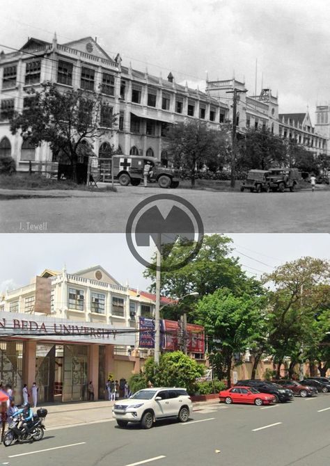 Dito, Noon: San Beda College, Mendiola, Manila, 1945 x May 2022. #kasaysayan -- Spanish Benedictine monk Fr. Juan Sabater OSB founded the El Colegio de San Beda (named after the Venerable St. Bede of England) in 1901, located along Arlegui Street in Manila. Due to a growing American influence, the institution was renamed San Beda College. The Benedictine monks moved the school to Mendiola Street in 1926. San Beda, Present Day, Manila, The School, Philippines, England, Photographer, Travel