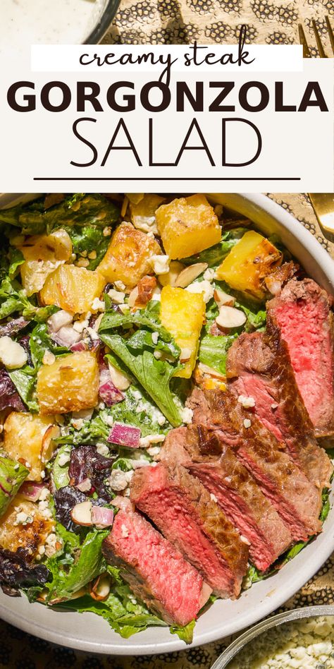 This gorgonzola salad is an easy dish that’s bursting with bold flavors. A delicious combination of juicy steak, crisp greens, and pungent cheese is enhanced even further with the tangy notes and creamy texture of homemade gorgonzola dressing. Hearty, refreshing, and quick to make, it’s a crowd-pleasing dish perfect for date night dinners, packed lunches, and everything in between! Gorgonzola Steak, Salad With Steak, Gorgonzola Dressing, Steak Gorgonzola, Gorgonzola Salad, Cooked Pineapple, Sausage Recipes For Dinner, Date Night Dinners, Gorgonzola Cheese