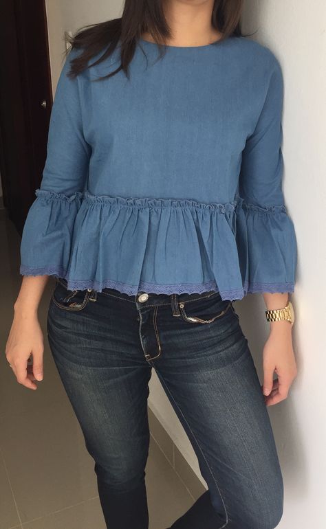 Blue Ruffle Trim Bell Sleeve High Low Denim Top -SheIn(Sheinside) Pretty Tops With Jeans, Cotton Top Designs For Women, Denim Tops Women, Jeans Top Design, Cotton Short Tops, Cotton Tops Designs, Denim Top Women, Fancy Top, Fancy Tops