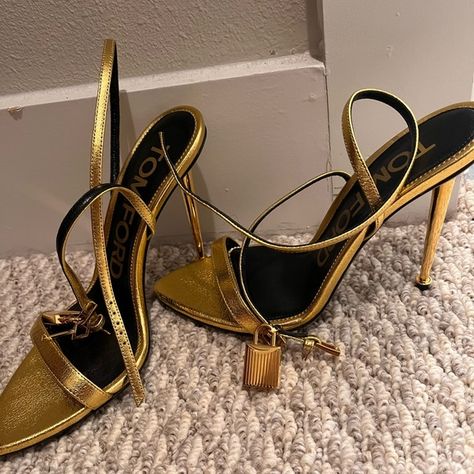 Tom Ford padlock sandal Tom Ford Gold Heels, Tom Ford Padlock Heels, Tom Ford Aesthetic, Expensive Heels, Tom Ford Heels, Open Heels, Heels Ideas, Dream Wishlist, Tom Ford Shoes