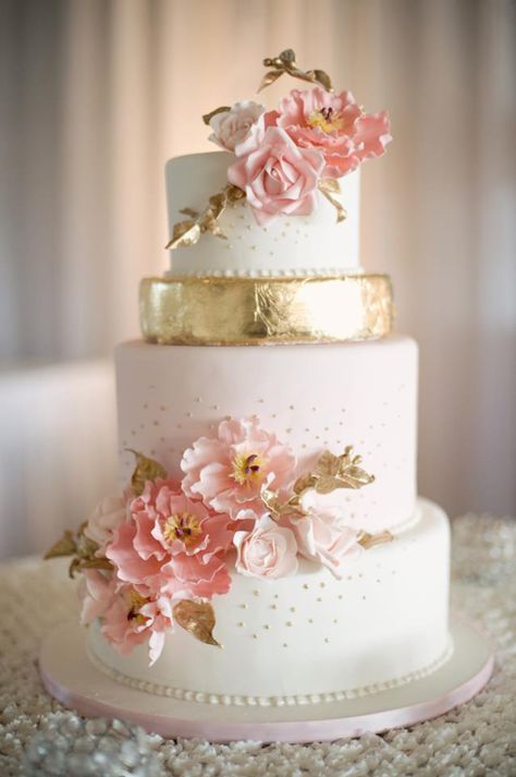 Floral cake with gold accent layer ~ Photographer: Melissa Gidney Photography // Cake: Anna Elizabeth Cakes Metallic Wedding Cakes, Wedding Glamour, Metallic Wedding, Floral Wedding Cake, Pink And Gold Wedding, Gold Wedding Cake, Business Startup, Wedding Cake Inspiration, Beautiful Wedding Cakes