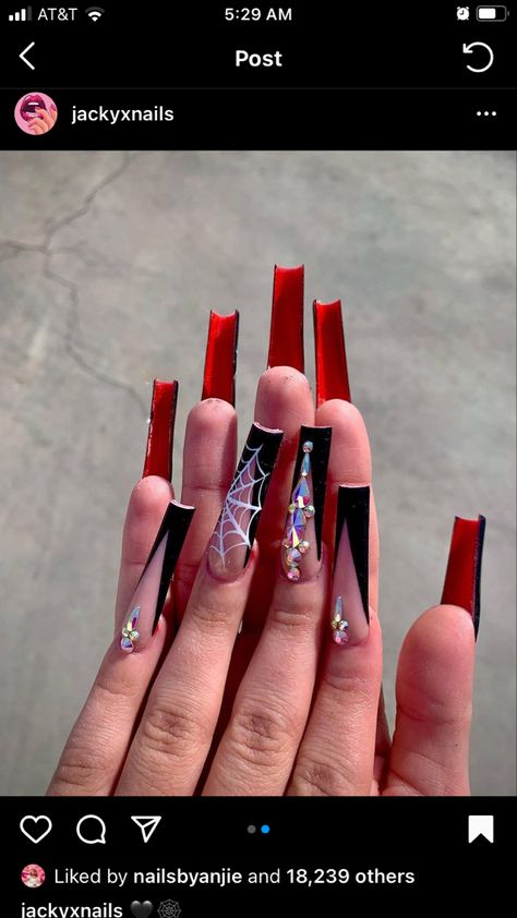 Black And Red Long Acrylic Nails, Hoco Nails Long, Halloween Nail Designs Red And Black, 40 Birthday Nails, Halloween Birthday Nails, Halloween Nails Stiletto, Black And Red Nail Designs, Nails Red And Black, Red Bottom Nails