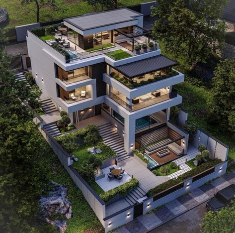 3 Storey Mansion, 3 Storey House Design Modern Floor Plans, 3 Storey House Design, Rumah Minecraft Sederhana, Door And Window Design, Two Story House Design, Apartment Exterior, Modern Floor Plans, Courtyard House Plans