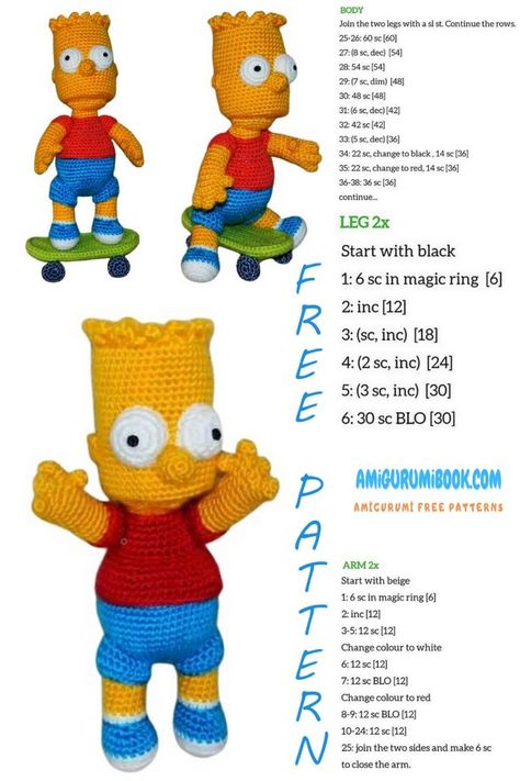 Bart Simpson Amigurumi Free Pattern - Amigurumibook.com Safari Amigurumi, Simpson Cartoon, Doll Amigurumi Free Pattern, Crochet Disney, Crochet Dolls Free Patterns, Crochet Animals Free Patterns, The Simpson, Crochet Amigurumi Free, Diy Crochet Projects