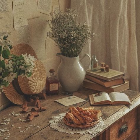 Cottage Core Table, Cottagecore Room Ideas, Edwardian Sideboard, Cozy Table, Table Photography, Cottagecore Home Decor, Cottagecore Room, Macrame Hanging Chair, Simple Living Room Decor