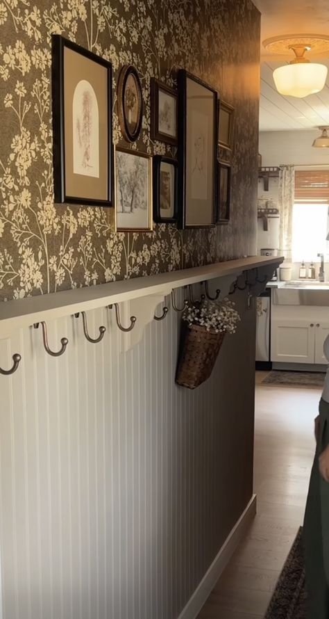 Cottage Style Wall Paneling, Cabin Beadboard Walls, Kitchen Half Wall Wallpaper, Panelled Walls In Kitchen, Brick Wall With Wainscoting, Half Wall With Hooks, Kitchen Waynes Coating Ideas, Shiplap Half Wall With Ledge, Kitchen Half Wall Paneling Ideas