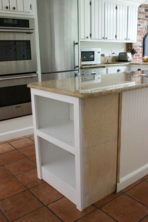 Microwave Shelf - the kitchen island was lengthened and a shelf was added to make room for the microwave. This is a brilliant use of space - via Driven by Decor Adding Microwave To Cabinet, Kitchen Peninsula Organization, Peninsula Base Cabinets, Kitchen Island With Open Shelves On One Side, Microwave Shelf In Kitchen, Kitchen Island With Bookshelf, Kitchen Island Shelf, Kitchen Island With Microwave, Island With Microwave