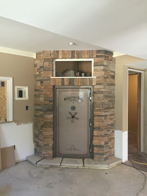 Built In Safe Ideas, Wall Safe Ideas, How To Build A Safe Room In Your House, Built In Safe, Backyard Pub Shed, In Wall Safe, Safe Door Vault, Hunting Room Design, Hunting Storage