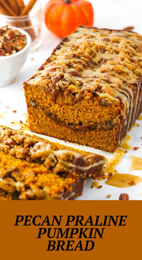 A sweet pecan praline filling is swirled into a loaf of moist and tender Pumpkin Bread for an amazing treat! Drizzled with silky brown sugar icing, you’ll want to devour half the loaf! I know I sure did! Pumpkin Pecan Bread, Brown Sugar Icing, Thanksgiving Bread, Pecan Praline, Christmas Pumpkins, Pumpkin Loaf, Sugar Icing, Pecan Pralines, Yummy Dessert