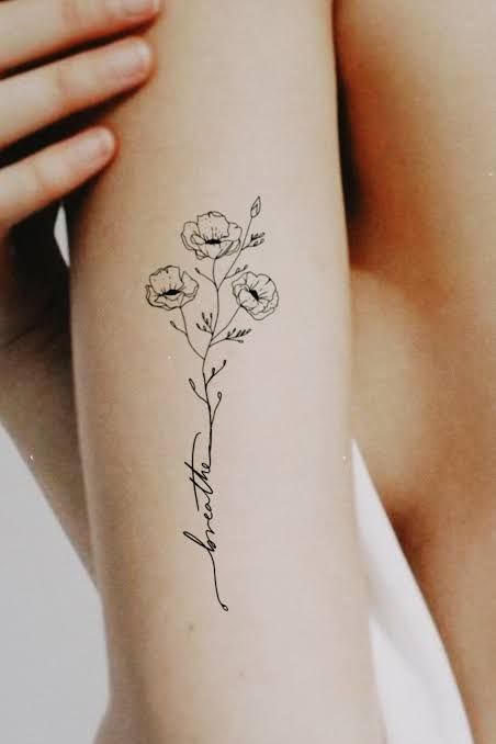 Fearless Flower Tattoo, Just Breathe With Flower Tattoo, Rose Script Tattoo, Breathe Tattoos With Flowers, Flower With Letter Tattoo, Youre Enough Tattoo, Just Be You Tattoo, Bloom Tattoo Words, You Are Enough Tattoos For Women