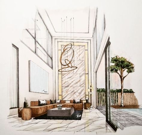 Interior Sketching: Where Imagination Takes Shape Sketches Of Interior Spaces, Balance In Interior Design, Interior Design Presentation Layout, Interior Architecture Sketch, Interior Design Sketchbook, High Ceiling Living Room, Interior Design Renderings, Interior Architecture Drawing, Drawing Interior