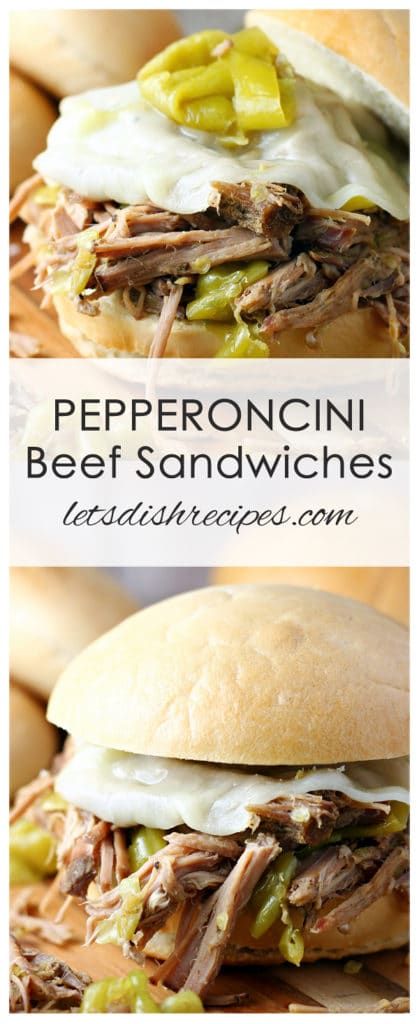 Slow Cooker Pepperoncini Beef Sandwiches Recipe: Slow cooked shredded beef with spicy pepperoncini and Italian seasonings, topped with cheese and served on crusty rolls. #slowcooker #sandwiches Pepperoncini Beef, Italian Pot Roast, Beef Sandwich Recipes, Slow Cooked Pulled Pork, Crusty Rolls, Italian Seasonings, Roast Beef Sandwich, Pepperocini Recipes, Delicious Slow Cooker Recipes