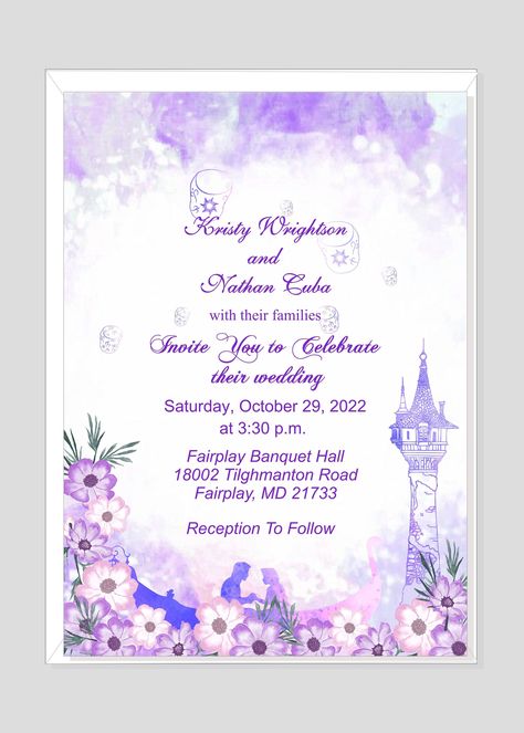 Watercolor Castle Enchanted Rapunzel Fairy Tale Wedding Invitation | Princess Wedding Invitation | Calligraphy Wedding Invitation Tangled Bedroom, Rapunzel Fairy Tale, Princess Wedding Invitations, Tangled Invitations, Rapunzel Castle, Rapunzel Invitations, Watercolor Castle, Rapunzel Wedding, Tangled Wedding