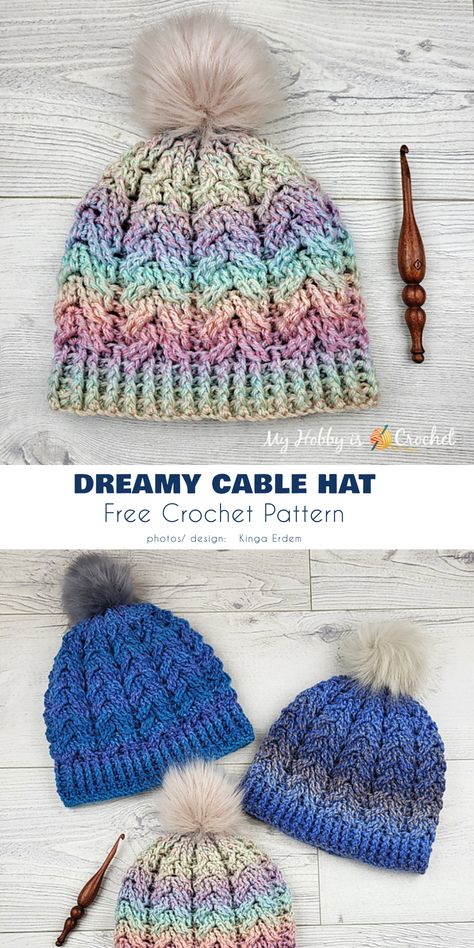 Cable hat patterns are breathtaking works and never get boring. As they require front and back post stitches, they are rather addressed to intermediate crocheters on the upper skill levels. Hat Patterns Crochet Free, Quick And Easy Crochet Hat Patterns Free, Hat Crochet Patterns Free, Cool Crochet Stitches, Intermediate Crochet Patterns, Cute Crochet Beanie, Crochet Hats Free Pattern Ladies, Free Crochet Hat Patterns, Crochet Stitch Patterns