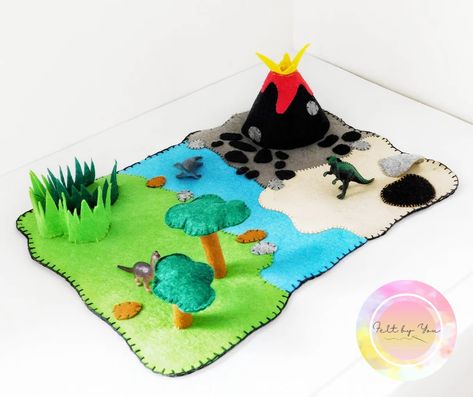 Dino Land Play Mat Dino Land Felt Playmat Dino Adventure | Etsy Felt Play Mat Diy, Felt Playmat, Play Mat Diy, Felt Fishing Game, Operation Shoebox, Gnome Village, Felt Play Mat, Dinosaur Play, Felt Creations