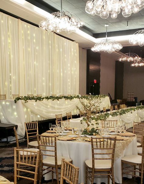 Wedding head table all lit up Bridal Party Head Table, Head Table Wedding Backdrop, Wedding Head Table, Wedding Drapery, Head Table Wedding, Head Tables, Bridal Table, Wedding Theme Colors, Table Set Up