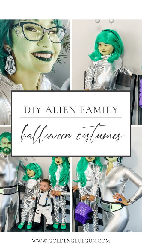 An Alien costume is easy to make, and you can make costumes for the whole family! Love these simple, classic, out-of-this-world costumes! Alien Halloween Costumes Diy, Family Alien Costume, Alien Family Halloween Costume, Alien Family Costume, Alien Costume Diy, Alien Halloween Costumes, Space Party Costumes, Diy Alien Costume, Space Alien Costume