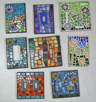 light switch covers using mostly stained glass and a few letter beads. Tile Switch Plates, Mosaic Light Switch Cover Diy, Mosaic Lights, Stained Glass Light Switch Cover, Stained Glass Wall Light, Mosaic Light Switch Cover, Light Switch Covers Diy, Mosaic Tiles Crafts, Diy Mosaic