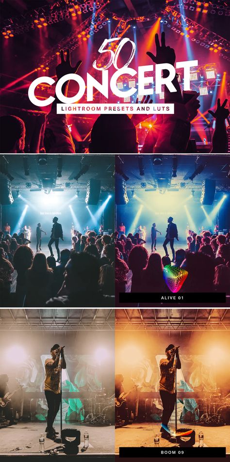 50 Concert Lightroom Presets LUTs Concert Preset Lightroom, Concert Photography Editing, Concert Filter, Pic Editing, Presets For Instagram, Vsco Themes, Concert Lights, Blackmagic Design, Professional Lightroom Presets