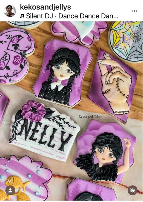 Wednesday Dessert Table, Wednesday Addams Birthday Cookies, Wednesday Adams Cookies, Wednesday Adams Cake Ideas, Wednesday Addams Cookies, Wednesday Cookies, Wednesday Theme, Goth Theme, Wednesday Birthday