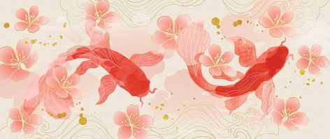 Koi Fish Background, Chinese Pattern Design, Banner Website, Fish Background, Website Ads, Wallpaper Design Pattern, Japanese Wallpaper, Chinese Background, Chinese Pattern