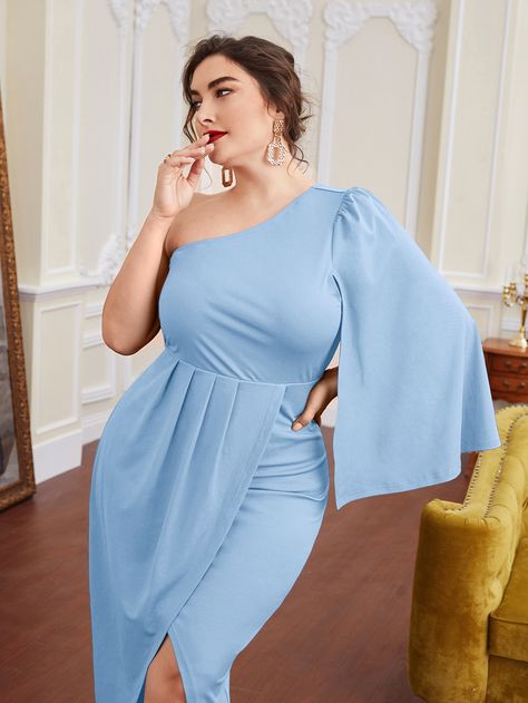 Baby Blue Glamorous  Long Sleeve Polyester Plain Fitted Embellished Non-Stretch All Plus Size Dresses One Shoulder Cloak, Dresses For Wedding Guests Plus Size, Shoulder Cloak, Plus Size Wedding Guest Outfits, Plus Size Wedding Guest Outfit, Pastel Blue Dress, Plus Size Evening Gown, Plus Size Wedding Guest Dresses, Wrap Dress Long