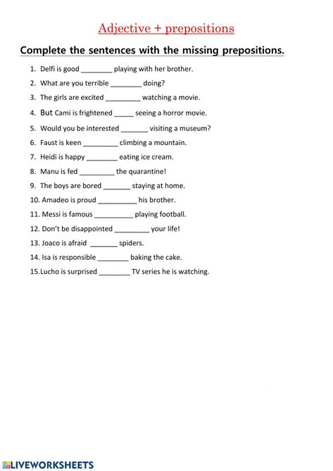 Adjectives with prepositions worksheet Adjective With Preposition, Adjectives With Prepositions, Adjectives Prepositions, Adjectives Exercises, 9th Grade English, Preposition Activities, Preposition Worksheets, English Adjectives, English Exercises