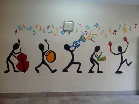 Music Related Art Ideas, Music Art Easy, Musical Instruments Wall Art, Musical Decorations Ideas, Music Mural Ideas, Music Mural Art, Music Wall Art Ideas, Music Wall Painting, Music Classroom Design