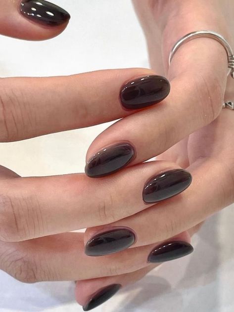 Korean Black Nails Aesthetic, Black Jelly Nails Short, Korean Jelly Nails Black, Korean Jelly Nail Art, Black Milky Nails, Korean Nails Short Jelly, Black Jelly Nail Designs, Black Sheer Nails, Jelly Short Nails