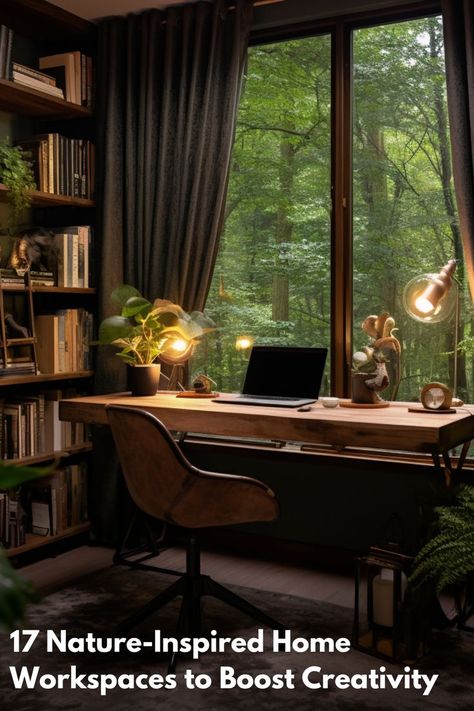 Cozy woodland home office with a rustic desk, leather chair, wooden bookshelves, and a window view of a dense forest. Writing Nook, Wooden Bookshelves, Dark Office, Natural Office, Home Office Designs, Woodland Retreat, Minimal Desk, Office Designs, Office Floor