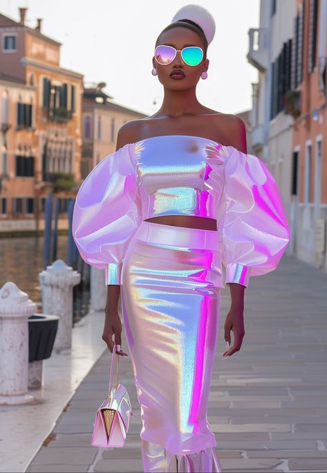 Future Clothing, Iridescent Dress, Festival Outfits Rave, Space Fashion, Light Aesthetic, Outfits Rave, Fashion Design Collection, Future Clothes, Futuristic Fashion