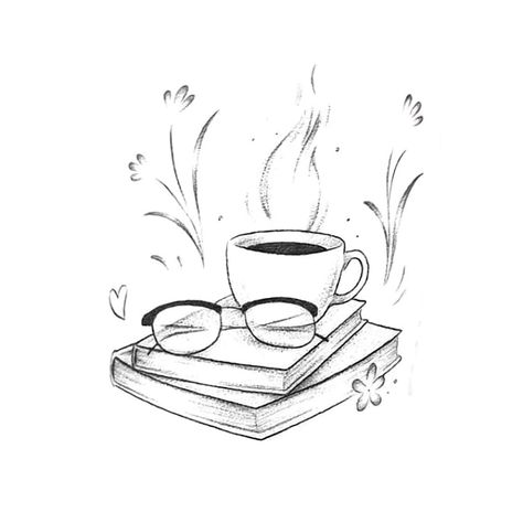 Reading Art Drawing, Book Cafe Logo, Laptop Tattoo, Reader Tattoo, Tea Cup Drawing, Reading Diary, Guitar Tattoo Design, Glasses Tattoo, Bookish Tattoos