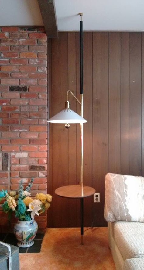 Mid-century tension pole lamp table Table Pole, Tension Pole Lamp, Interesting Lamps, Lamp With Table, Pole Lamp, Pole Lamps, New York City Apartment, Floor To Ceiling, Lamp Table