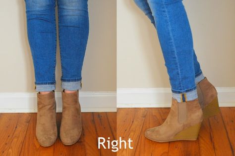 How to Cuff Your Jeans: A Simple Guide to Get You Started Toms Wedge Boots Outfits, Wedge Ankle Boots Outfit, Wedge Booties With Jeans, Wedge Booties Outfit, Cuffed Jeans Outfit, Booties With Jeans, How To Fold Jeans, Wedges Outfit, Toms Boots