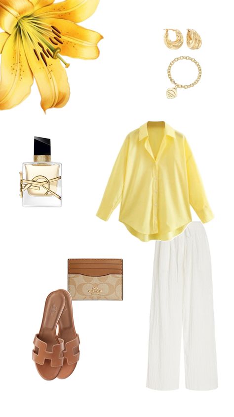 #hermes #coach #yellow #white #linenpants #saintlaurent #lillies #brown #aesthetic #outfit #fit #woman Yellow Hijab Outfit, Yellow Hijab, Brown Aesthetic Outfit, Coach Outfits, White Outfits For Women, Fit Woman, Modest Summer Outfits, Hijabi Style, Hijabi Outfits Casual